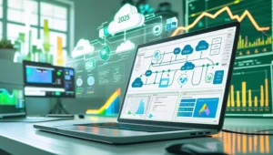 “A futuristic tech workspace showing a laptop screen with data pipeline flowcharts, cloud icons (AWS, GCP, Azure), coding symbols (Python, SQL), and dashboards. The background shows charts, graphs, and a glowing roadmap leading toward the year 2025. The scene looks modern, bright, and clean with white and green-blue tones, evoking learning, growth, and high-tech career path visuals. Perfect for a blog on becoming a data engineer.”