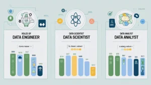 Visual comparison between data engineer, scientist, and analyst roles, tools, and salaries